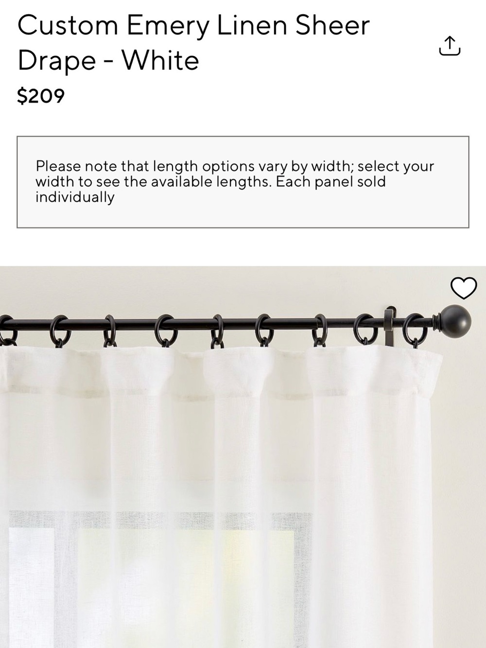 Pottery Barn CUSTOM Emery Linen sheer curtain - white 50”x102”